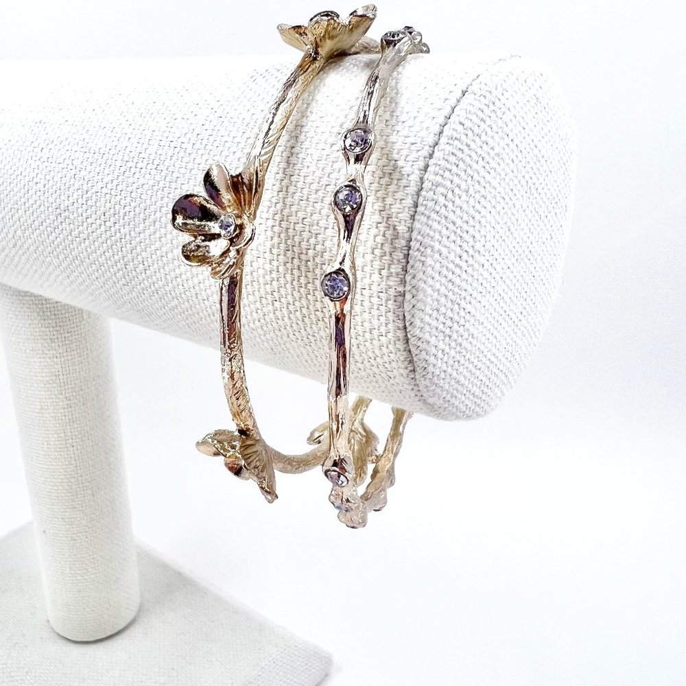 Set of 2 - Shiny Textured Gold Tone Flower & Jeweled Bangle Bracelets